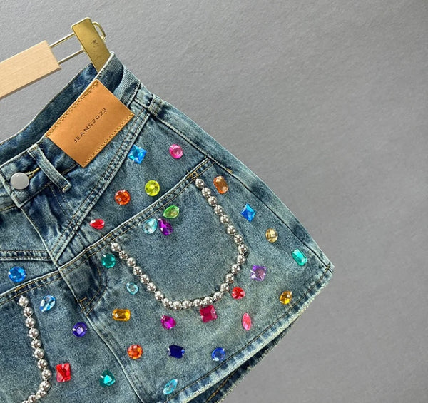 Women Fashion Rivet Gem Denim Wrap Shorts