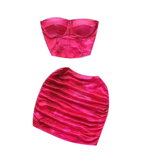 Women Pink Sexy Strapless Ruched Two Piece Skirt Set