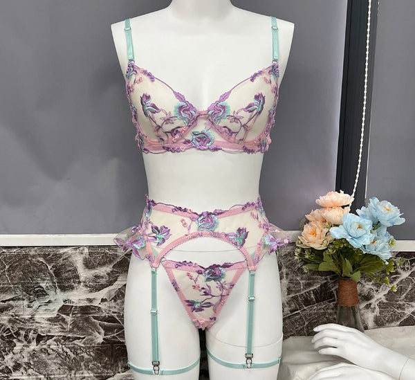 Women Mesh Floral Sexy Lingerie Set