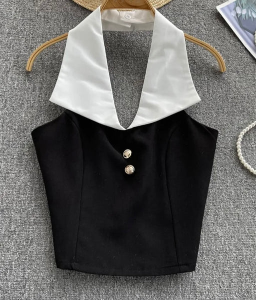 Women Fashion Collar B&W Halter Crop Top