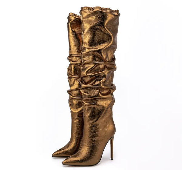 Women Ruched PU High Heel Knee High Boots