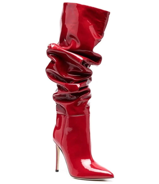 Women Fashion Ruched Patent Leather Knee High Boots