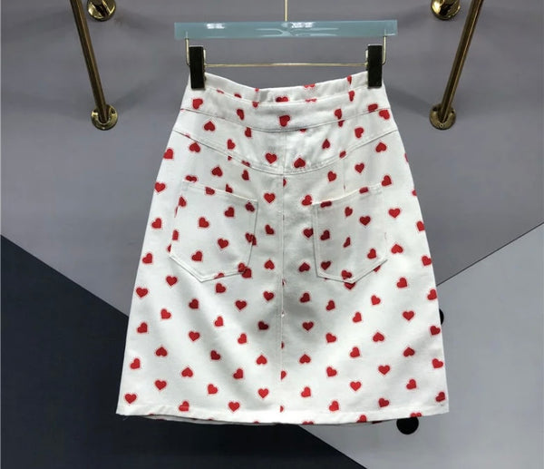 Women White Heart Print Fashion Denim Skirt