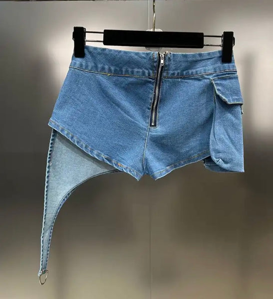 Women Asymmetrical Fashion Side Pocket Denim Wrap Shorts