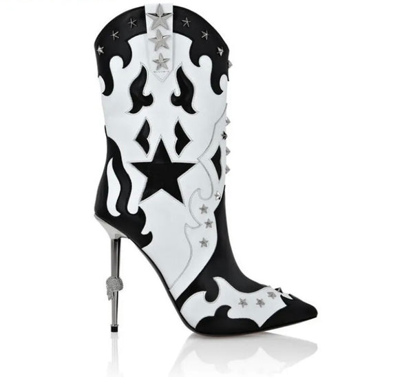 Women B&W Star Fashion High Heel Ankle Boots