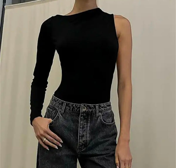 Women Sexy Black One Shoulder Open Back Bodysuit Top