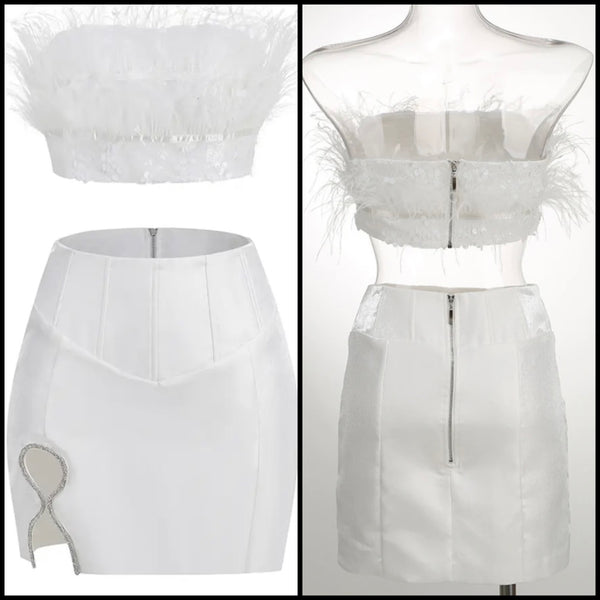 Women White Feather Sequins Crop Sexy Two Piece Rhinestone PU Skirt Set