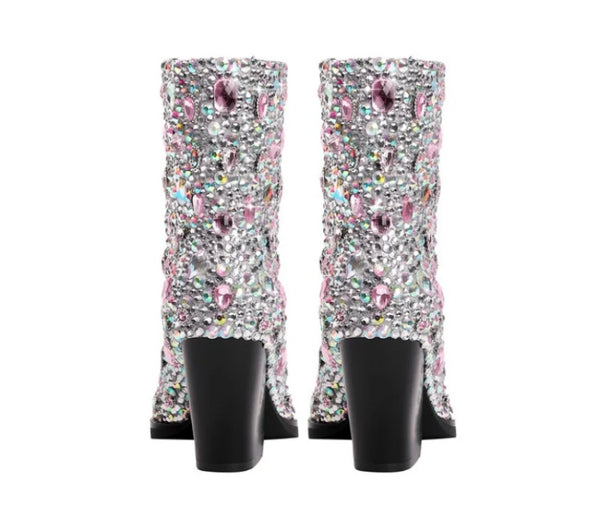 Women Pointed Toe Bling Gem Fashion Ankle Western Boots