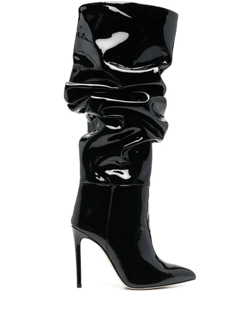 Women Fashion Ruched Patent Leather Knee High Boots