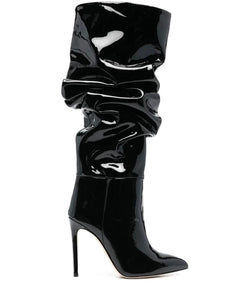 Women Fashion Ruched Patent Leather Knee High Boots