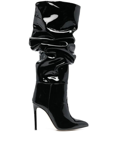 Women Fashion Ruched Patent Leather Knee High Boots