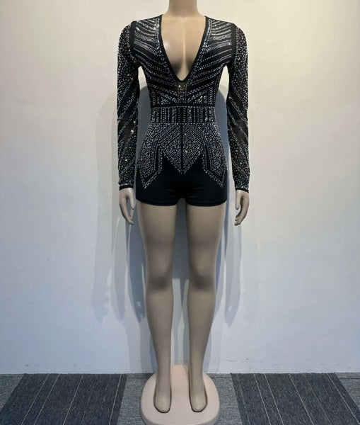 Women V-Neck Full Sleeve Rhinestone Romper