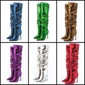 Women Ruched PU High Heel Knee High Boots