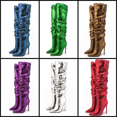 Women Ruched PU High Heel Knee High Boots