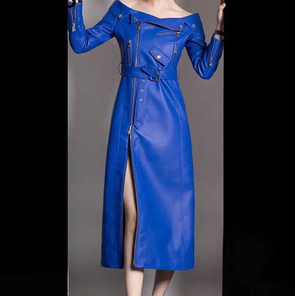 Women Sexy Blue Leather Off The Shoulder Zipper Maxi Dress