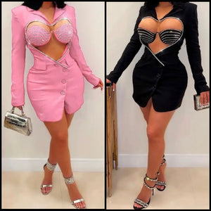 Women Full Sleeve Heart Cut Out Bling Blazer Sexy Dress