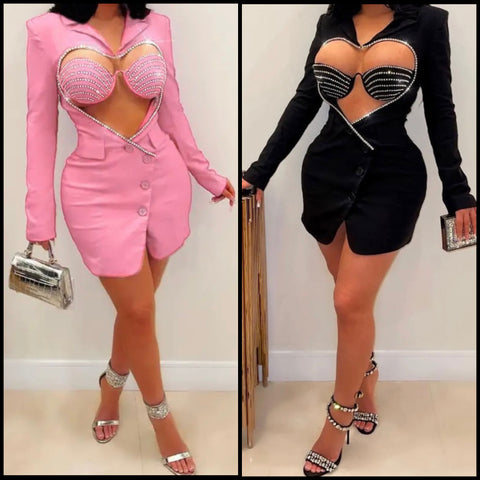 Women Full Sleeve Heart Cut Out Bling Blazer Sexy Dress