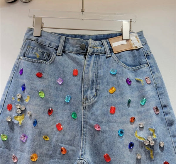 Women Color Ripped Rhinestone Gem Denim Shorts