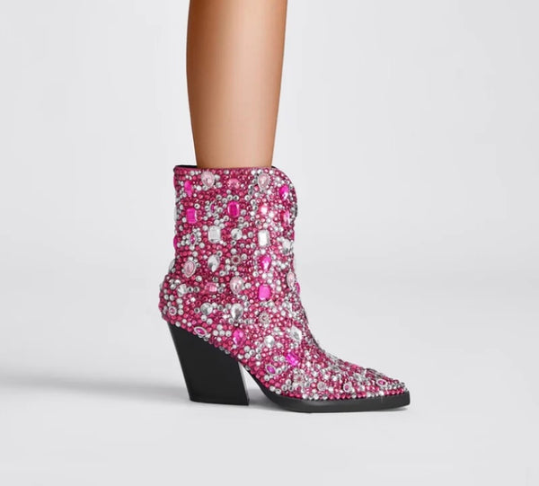 Women Pointed Toe Bling Gem Fashion Ankle Western Boots