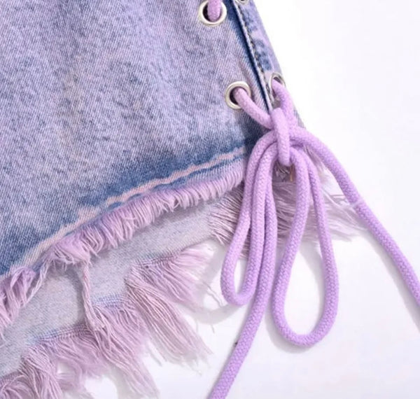 Women Purple Lace Up Fringe Fashion Denim Shorts