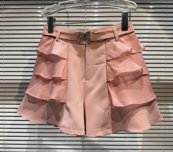 Women Ruffled Butterfly Belted Solid Color Fashion Shorts