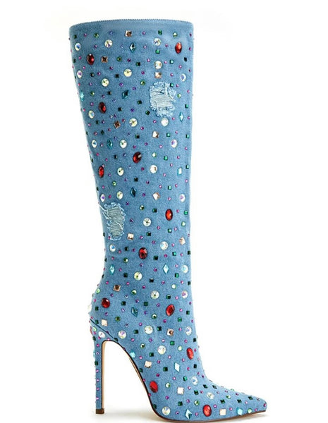 Women Pointed Toe Colorful Crystal Ripped Denim Boots