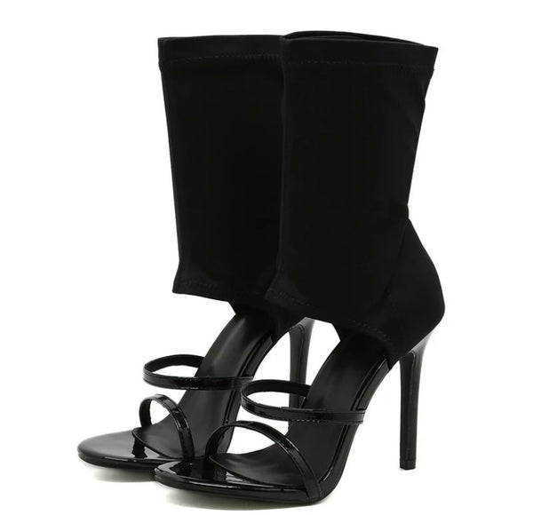 Women Open Toe Black/White High Heel Fashion Ankle Boots