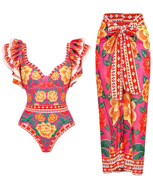 Women Ruffled Colorful Print Sexy Bikini/Swimsuit Cover Up Set