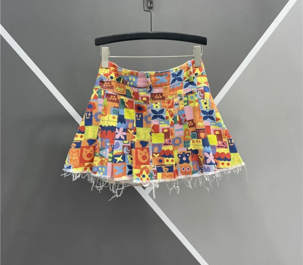 Women Fashion Cartoon Print Denim Skirt