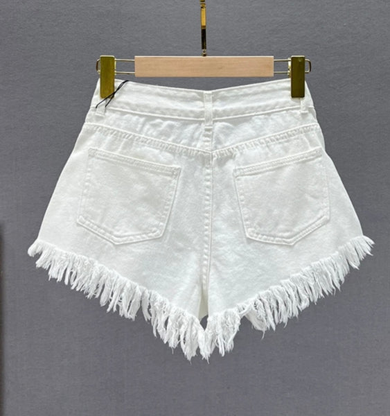 Women Fashion Fringe Rhinestone Patchwork Denim Shorts