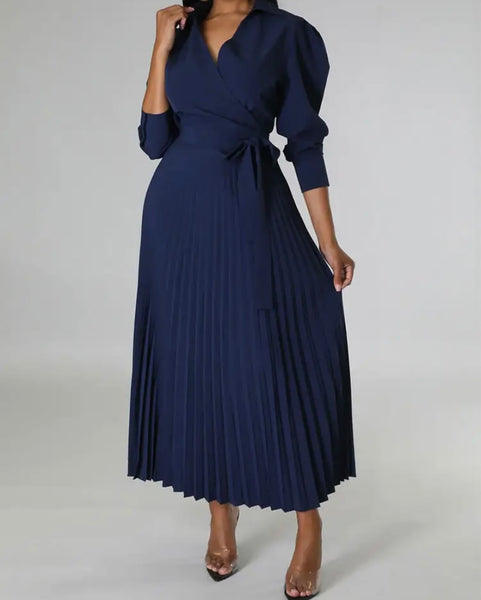 Women Sexy Solid Color Tie Up Pleated Maxi Dress