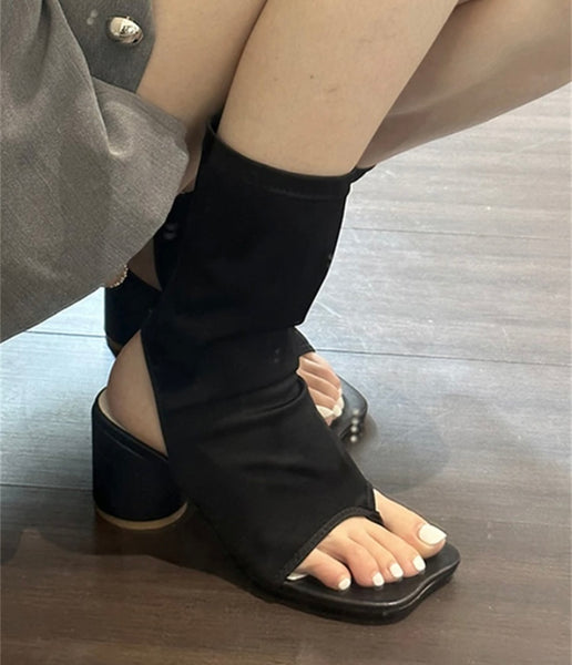 Women Open Toe Fashion Square Heel Ankle Boots