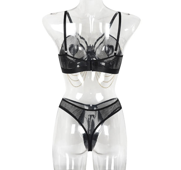 Women Sexy Heart Chain Mesh Lingerie Set