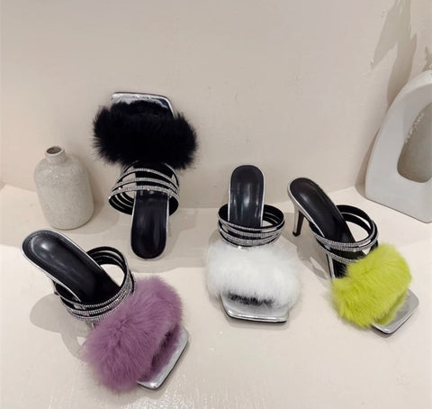 Women Rhinestone Strap Faux Fur Open Toe Sandals