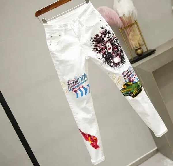 Women White Printed Fashion Denim Pants