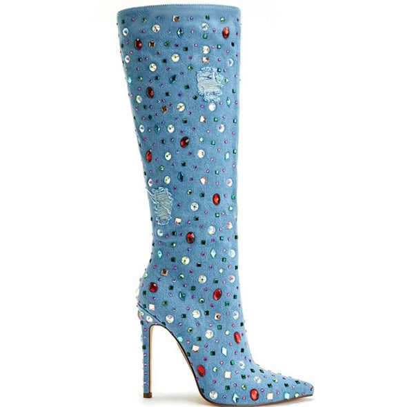 Women Pointed Toe Colorful Crystal Ripped Denim Boots