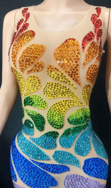 Women Sexy Sleeveless Mesh Colorful Beaded Dress