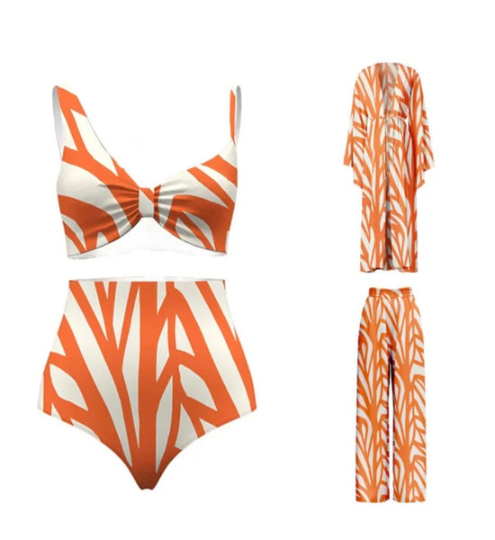 Women Sexy Striped Bikini Cover Up Set