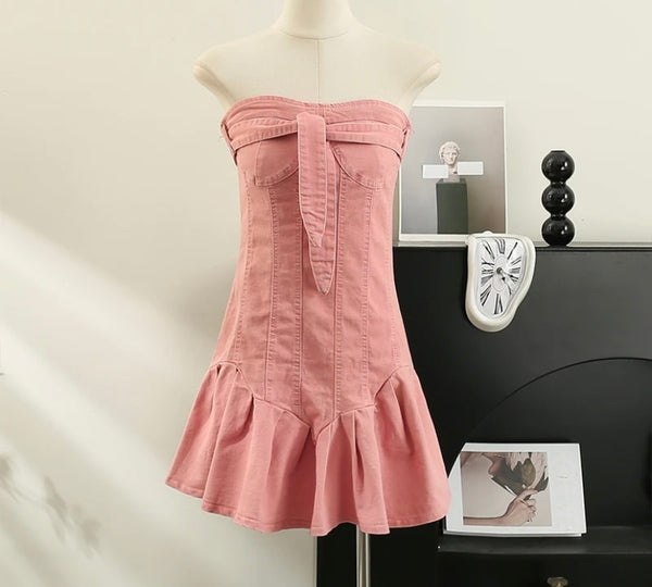 Women Sexy Strapless Ruffled Denim Dress
