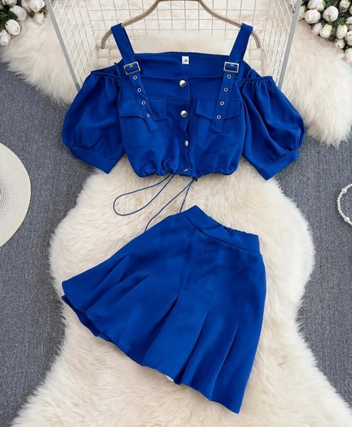 Women Fashion Solid Color Button Up Crop Two Piece Pleated Skirt Set