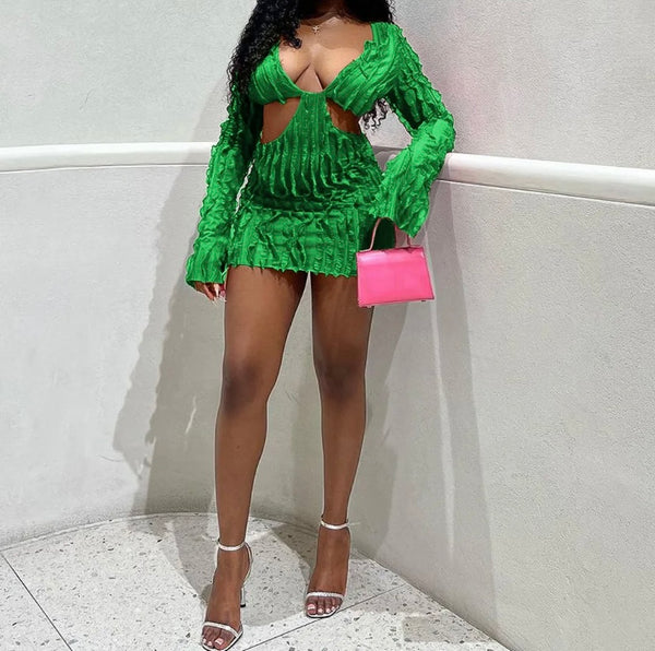 Women Ruffled Full Sleeve Cut Out Dress