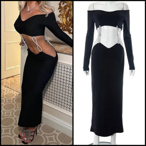 Women Sexy Black Full Sleeve Cut Out Bling Patchwork Maxi Dress