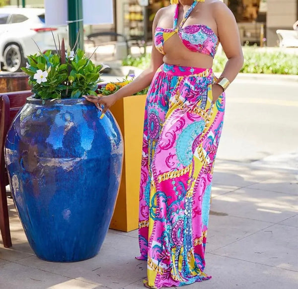 Women Sexy Strapless Multicolored Print Two Piece Wide Leg Pant Set
