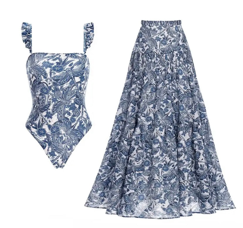 Women Printed Sexy Fashion Swimsuit Skirt Cover Up Set