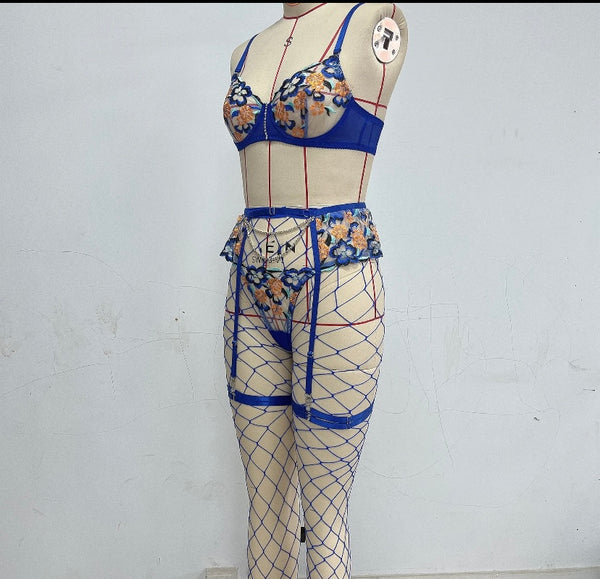 Women Sexy Blue Floral Fishnet Lingerie Set