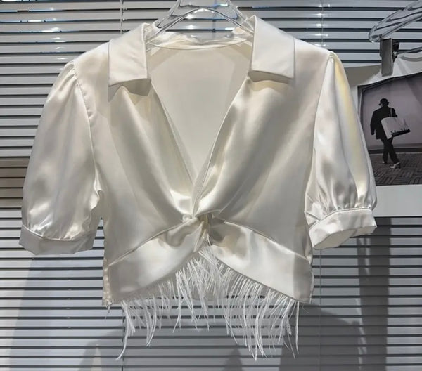 Women Short Sleeve Satin Feather Crop Top