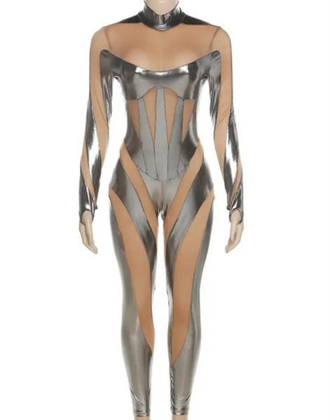 Women Sexy Silver PU Mesh Patchwork Full Sleeve Jumpsuit
