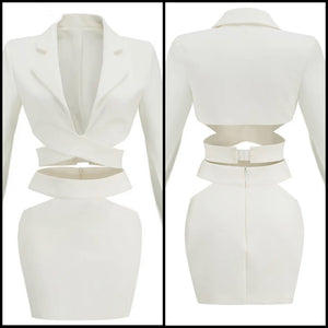 Women White Sexy Criss Cross Blazer Two Piece Skirt Set