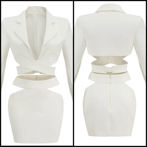 Women White Sexy Criss Cross Blazer Two Piece Skirt Set