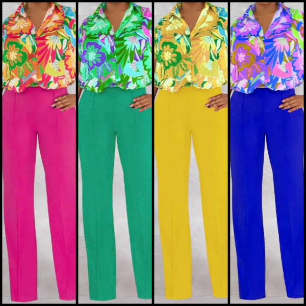 Women Floral Button Up Short Sleeve Two Piece Pant Set